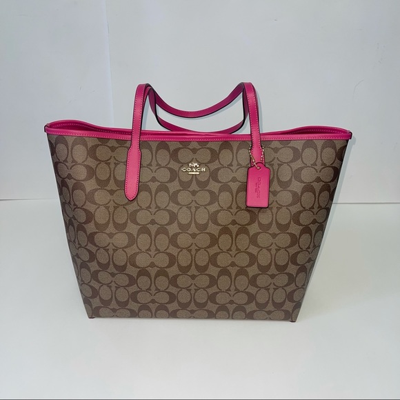 Coach City Tote In Signature Canvas Tan And Bold Pink New With Tag - Picture 2 of 11